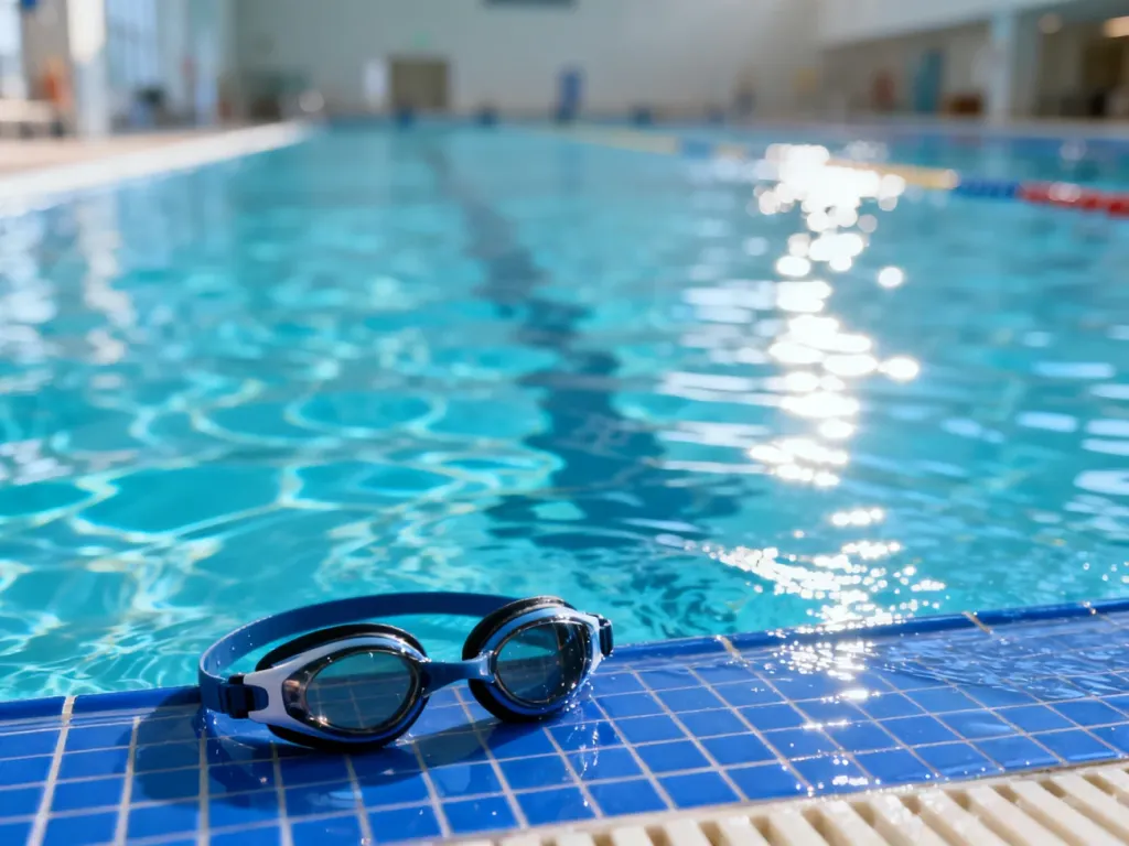 Okulary pływackie leżące na krawędzi basenu z błękitną wodą, podkreślające sportowy charakter treningu.