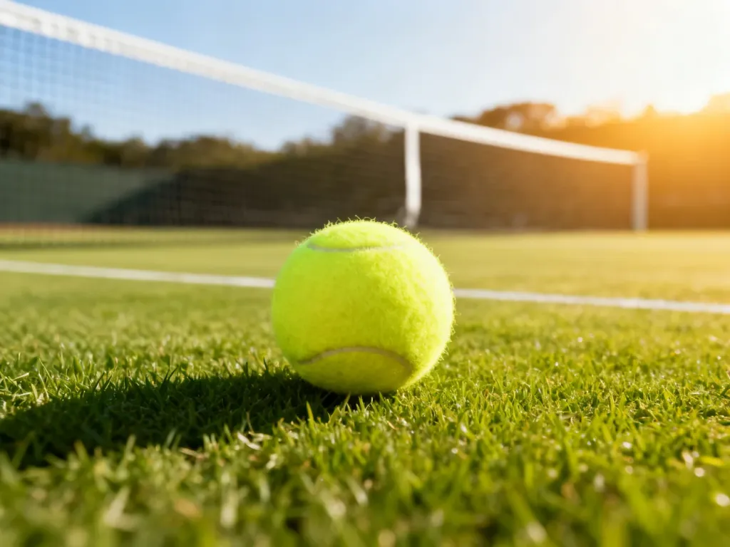 Żółta piłka tenisowa leżąca na idealnie przystrzyżonej zielonej trawie kortu Wimbledonu z widoczną w tle siatką.