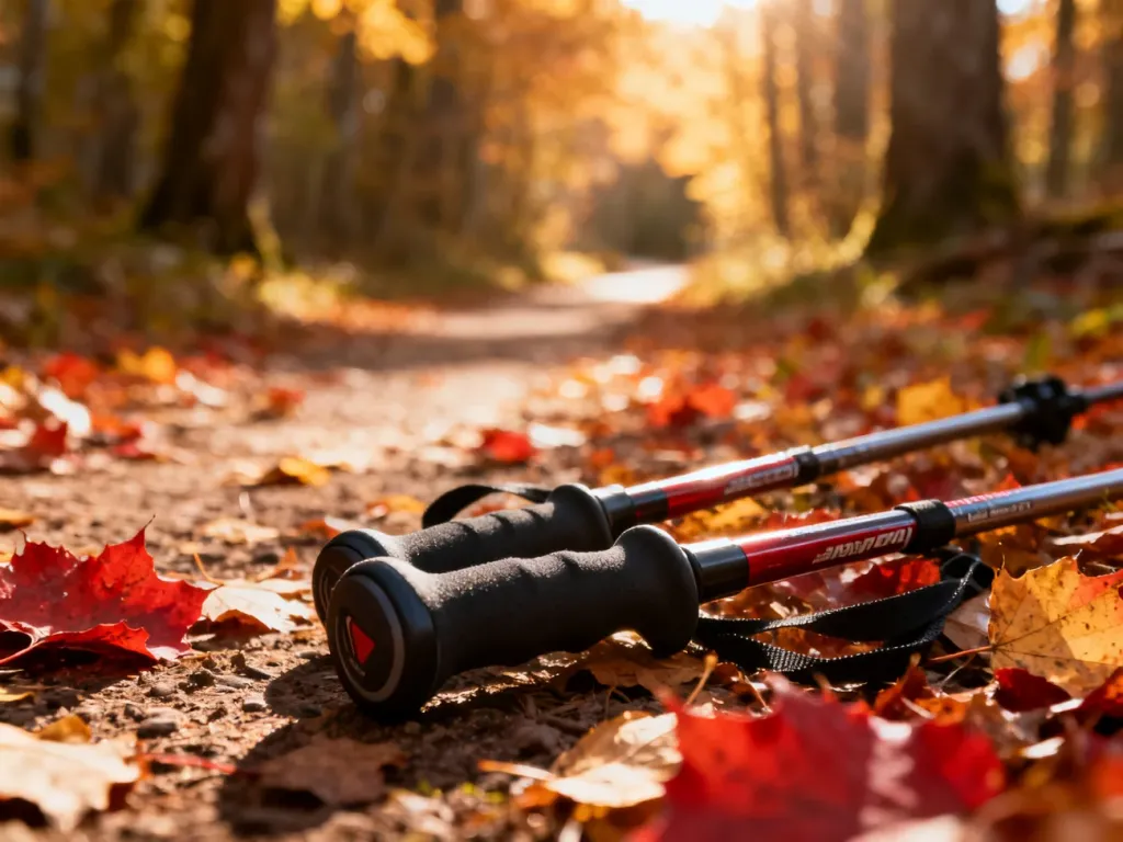 Kije do nordic walking na leśnej ścieżce pokrytej jesiennymi liśćmi w świetle zachodzącego słońca.