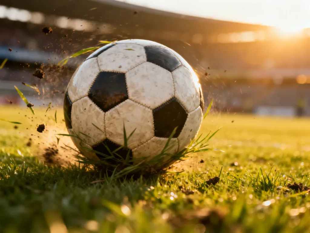 Piłka uderzająca w murawę boiska, powodująca odpryski trawy i ziemi podczas dynamicznego meczu w świetle zachodzącego słońca.