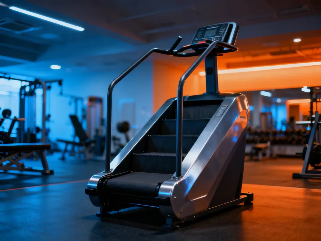 Nowoczesny schodowy trenażer cardio ustawiony na środku profesjonalnej siłowni, gotowy do intensywnego treningu.