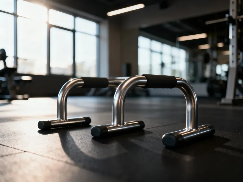 Ergonomiczne uchwyty do pompek ustawione na podłodze w nowoczesnej sali fitness, gotowe do treningu siłowego.