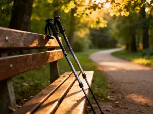 Kije do nordic walking oparte o ławkę w deszczowy dzień na tle zamglonego parku.