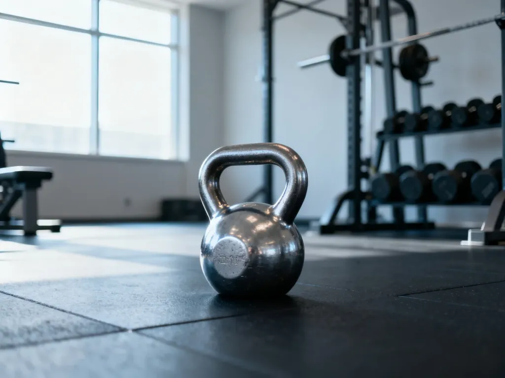 Nowoczesny odważnik typu kettlebell na podłodze siłowni w świetle poranka.