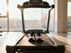 Kije do nordic walking leżące na leśnej ścieżce pokrytej jesiennymi liśćmi w promieniach porannego słońca.