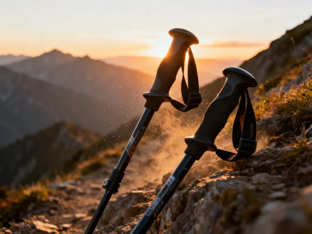 Profesjonalne kijki trekkingowe z ergonomicznymi uchwytami na tle górskiego szlaku o zachodzie słońca.