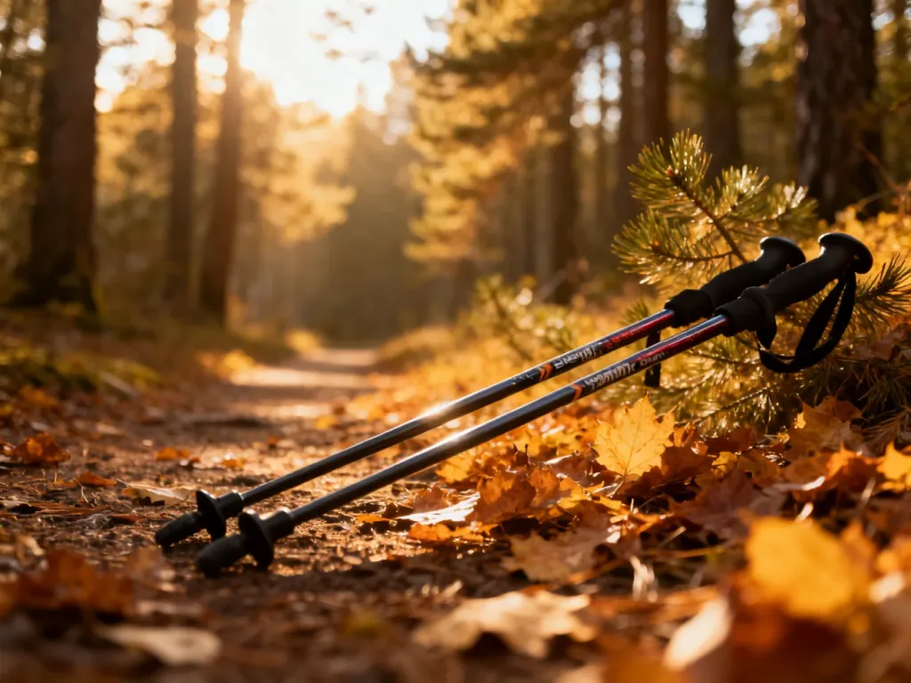 Wysokiej jakości kijki do nordic walking leżące na leśnej ścieżce pokrytej jesiennymi liśćmi w słoneczny poranek.