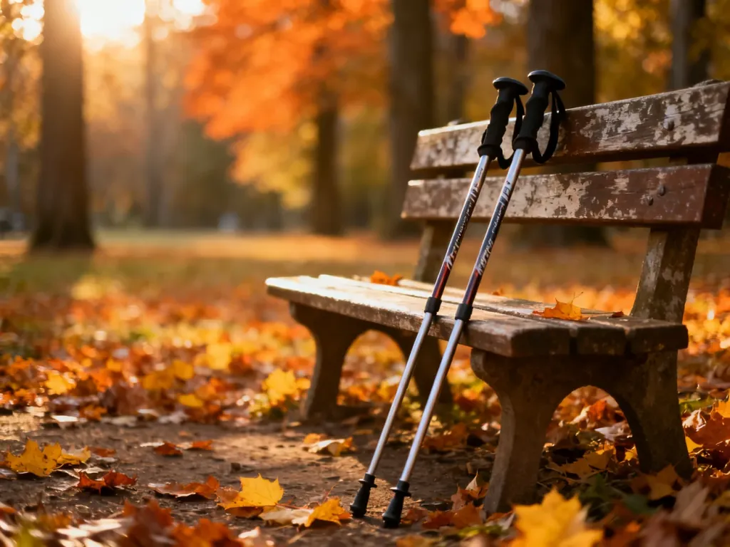 Kije do nordic walking oparte o ławkę w jesiennym parku, zachęcające do aktywności fizycznej w ciąży.