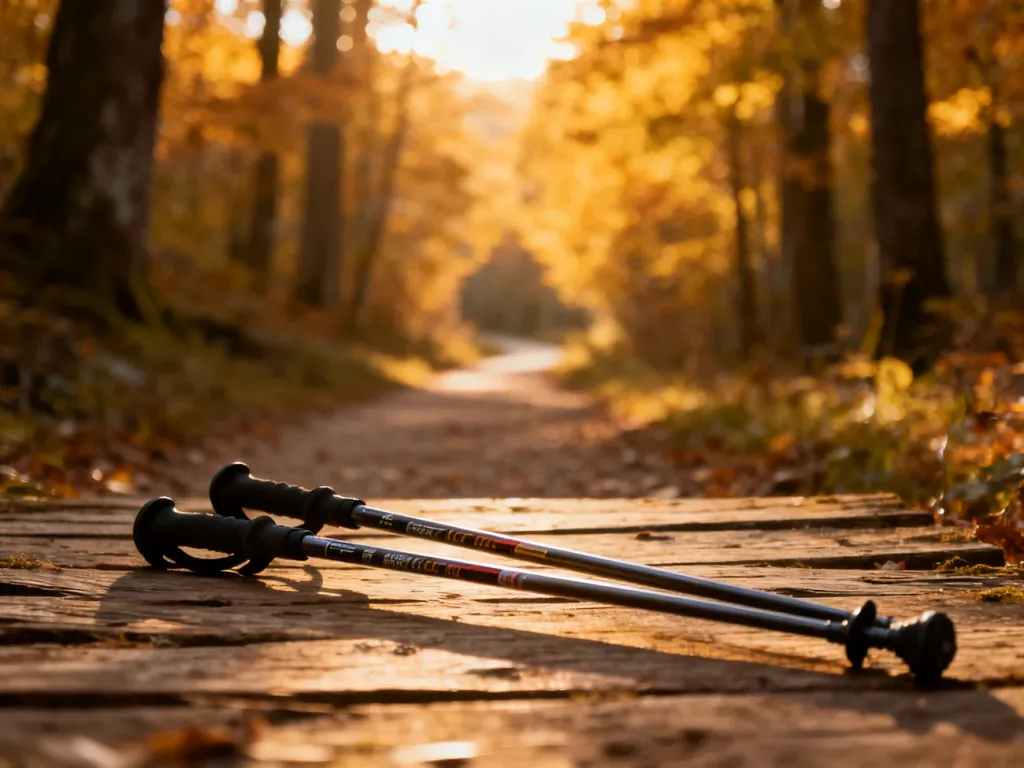 Wysokiej jakości kijki do nordic walking na leśnej ścieżce w jesiennej scenerii o złotym świetle.