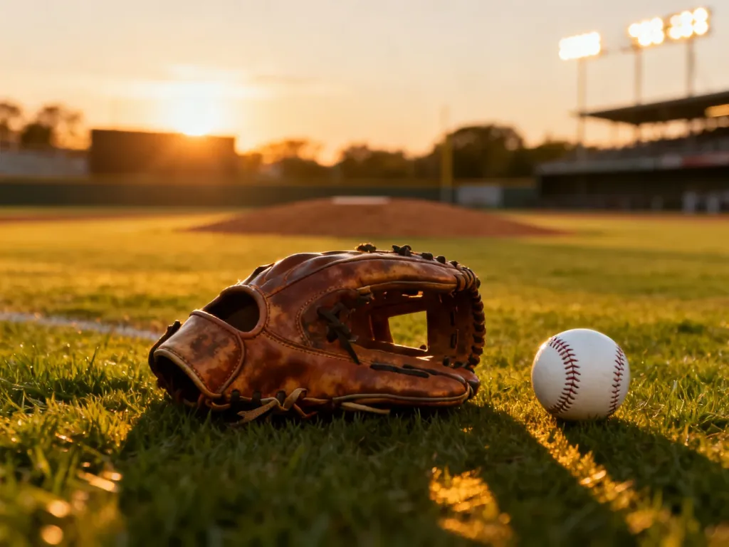 Skórzana rękawica i piłka do baseballu na murawie boiska o zachodzie słońca.