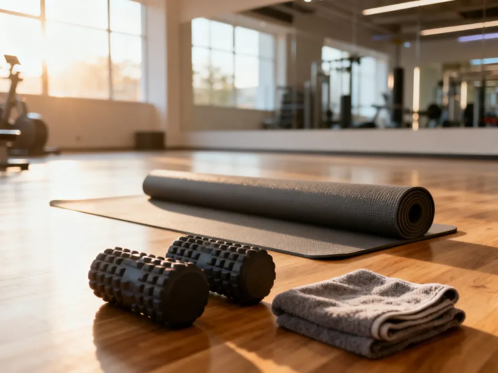 Mata do jogi, wałki do masażu i ręcznik na podłodze w nowoczesnym studio fitness, przygotowane do sesji rozciągania.