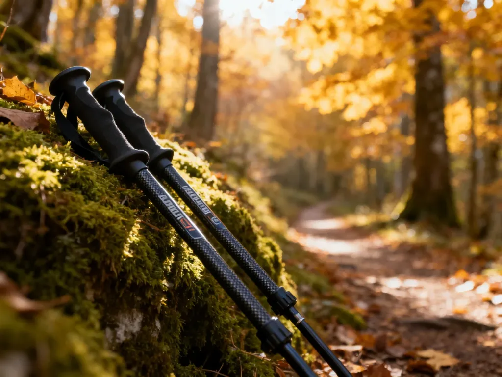 Kije do nordic walking oparte o pień na leśnej ścieżce w jesiennej scenerii, zachęcające do aktywnego spaceru.