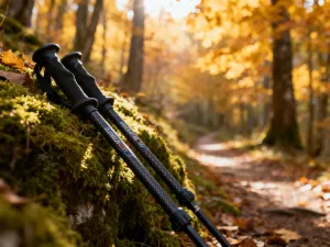 Kije trekkingowe oparte o drewniany drogowskaz na górskim szlaku w otoczeniu słonecznego lasu.