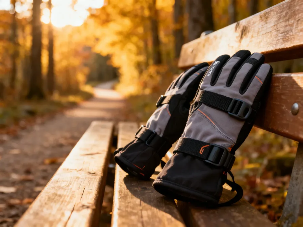 Profesjonalne rękawice do nordic walking leżące na drewnianej ławce na tle jesiennego lasu.