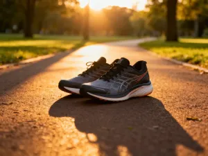 Solidne buty trekkingowe na kamienistym szlaku górskim w świetle zachodzącego słońca, symbolizujące przygotowanie do wędrówki.