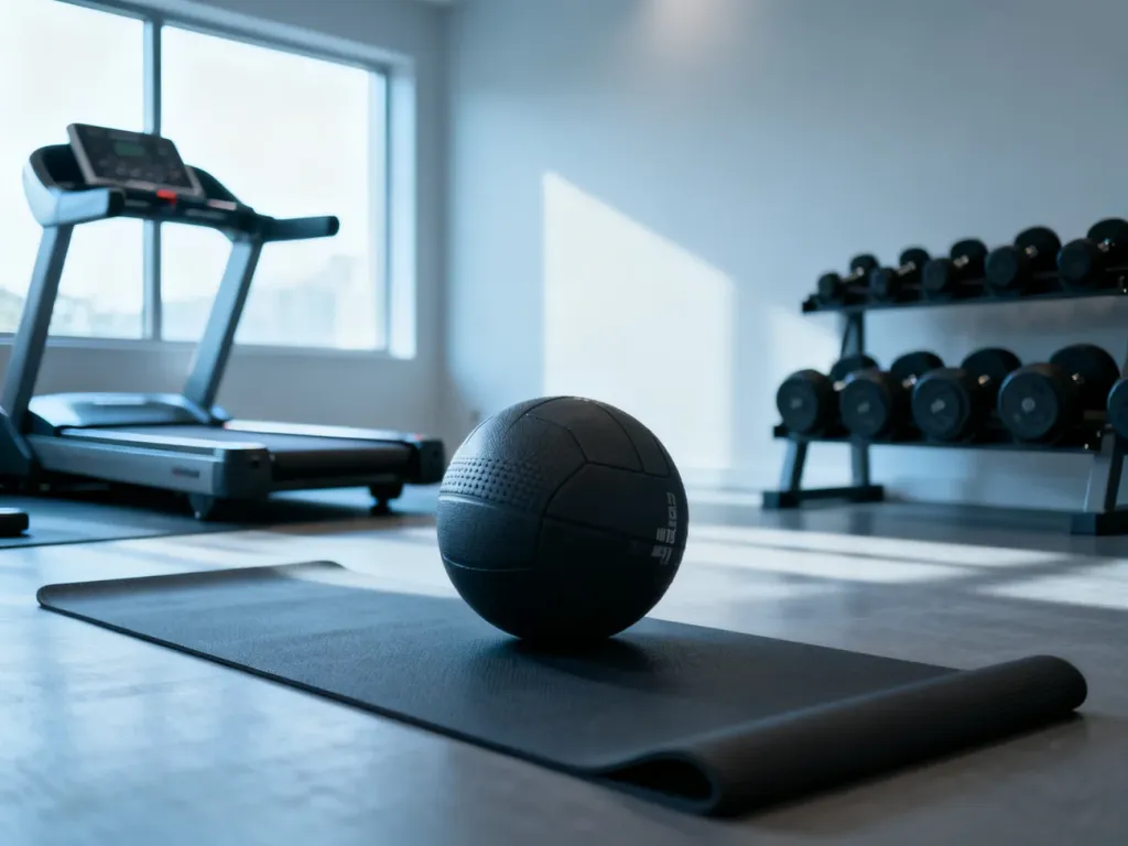 Mata do ćwiczeń i piłka lekarska na siłowni, przygotowane do treningu brzucha i cardio.