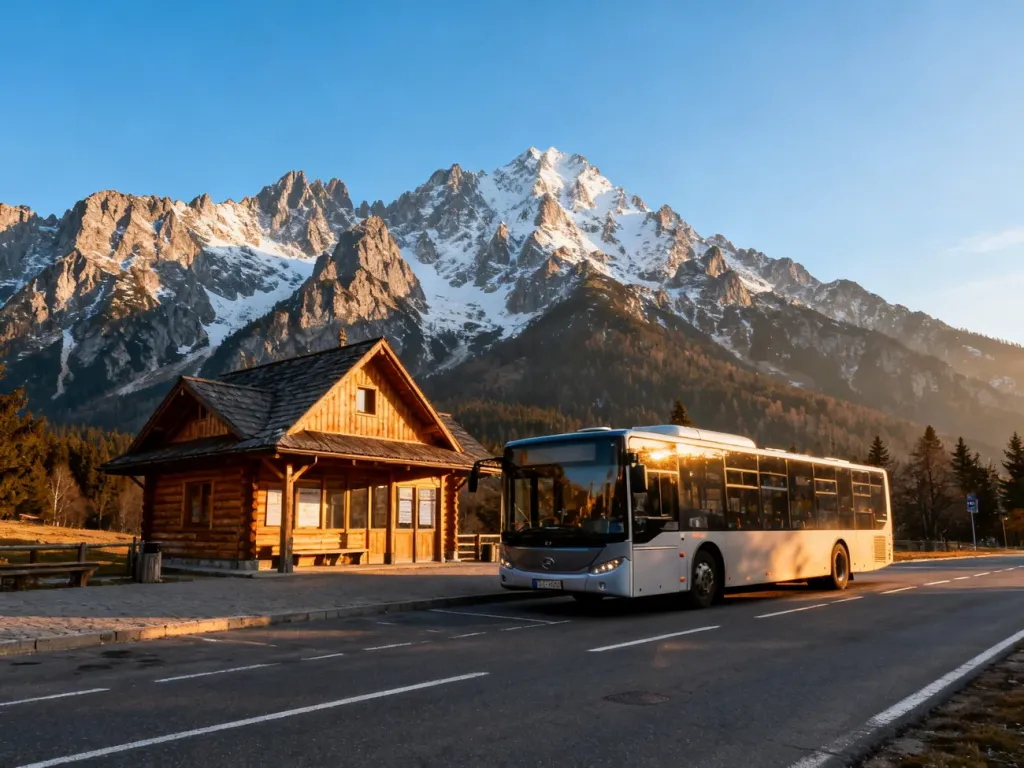Nowoczesny autobus na przystanku w Kuźnicach na tle ośnieżonych szczytów Tatr w słoneczny poranek.