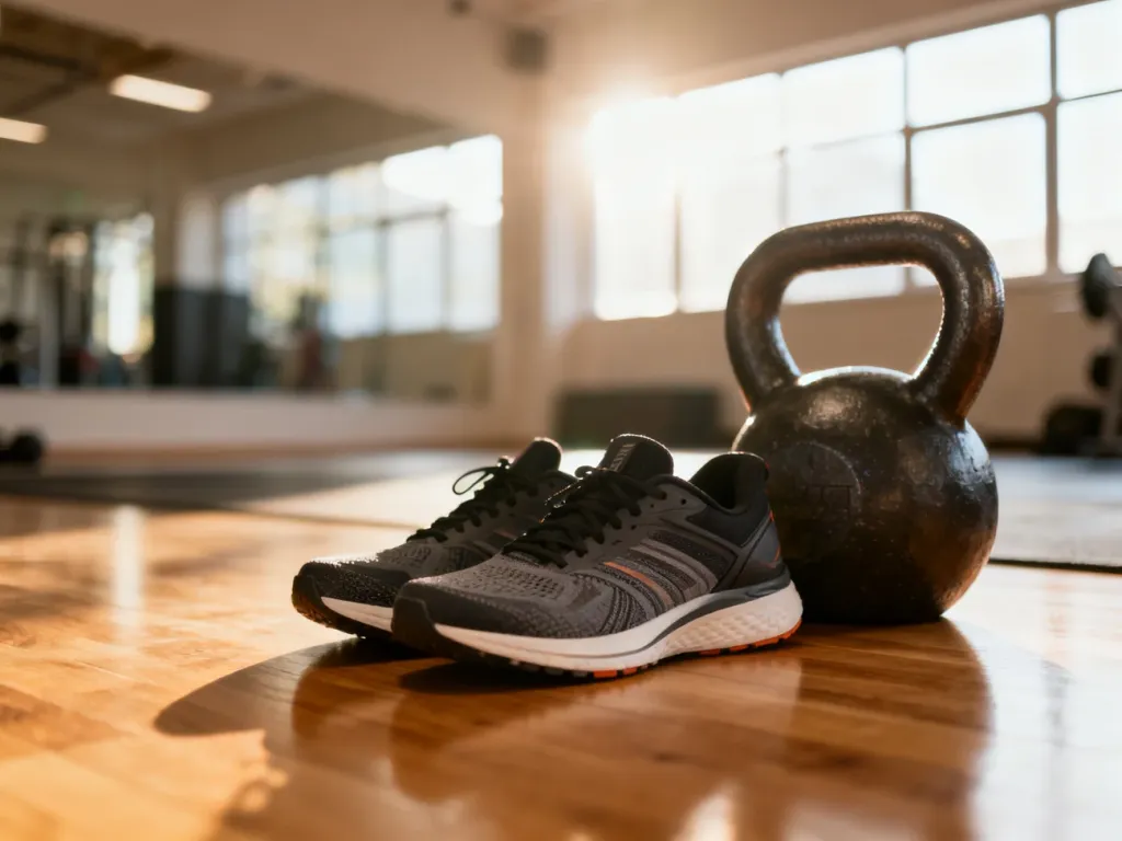 Sportowe buty i kettlebell na drewnianej podłodze w nowoczesnej sali fitness, zachęcające do treningu przysiadów.