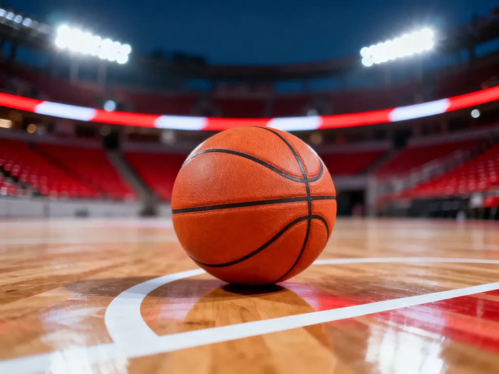 Pomarańczowa piłka do koszykówki na parkiecie hali sportowej w oczekiwaniu na mecz Polska – Chorwacja.