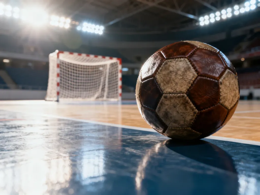 Piłka do piłki ręcznej leżąca na parkiecie hali sportowej na tle bramki, gotowa do treningu rzutów.