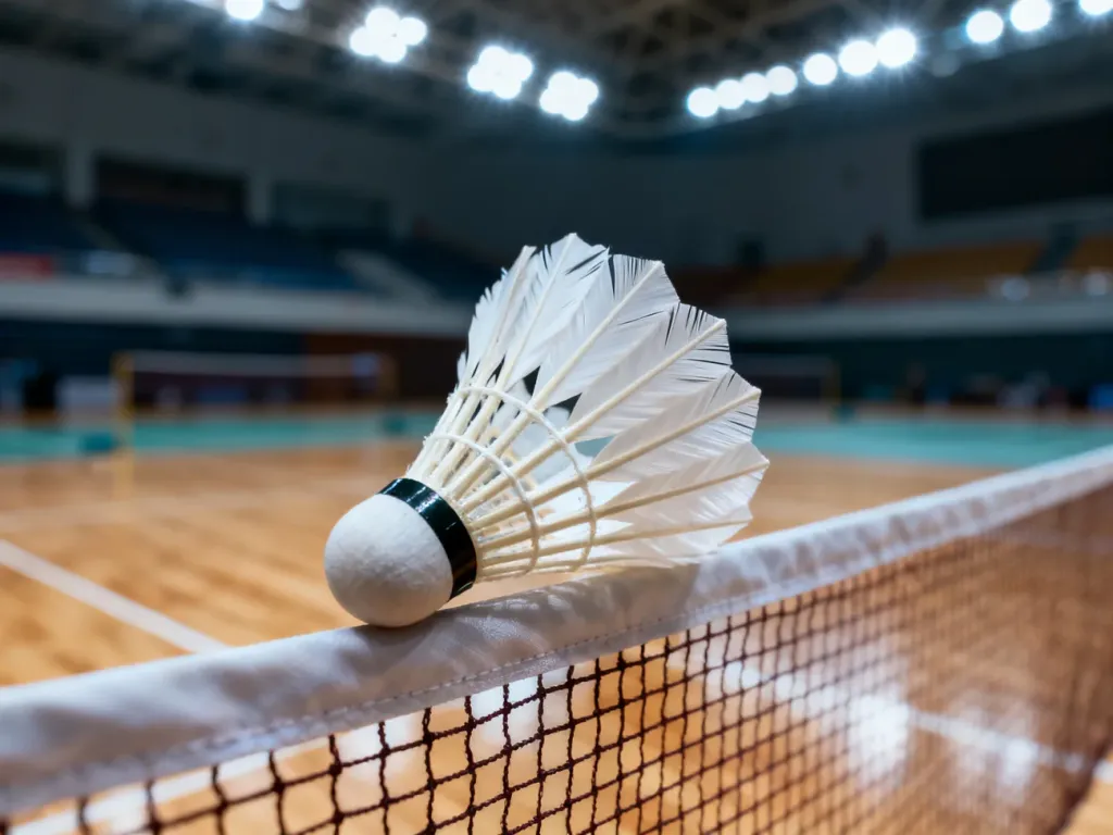 Lotka do badmintona spoczywająca na siatce na tle profesjonalnej hali sportowej.