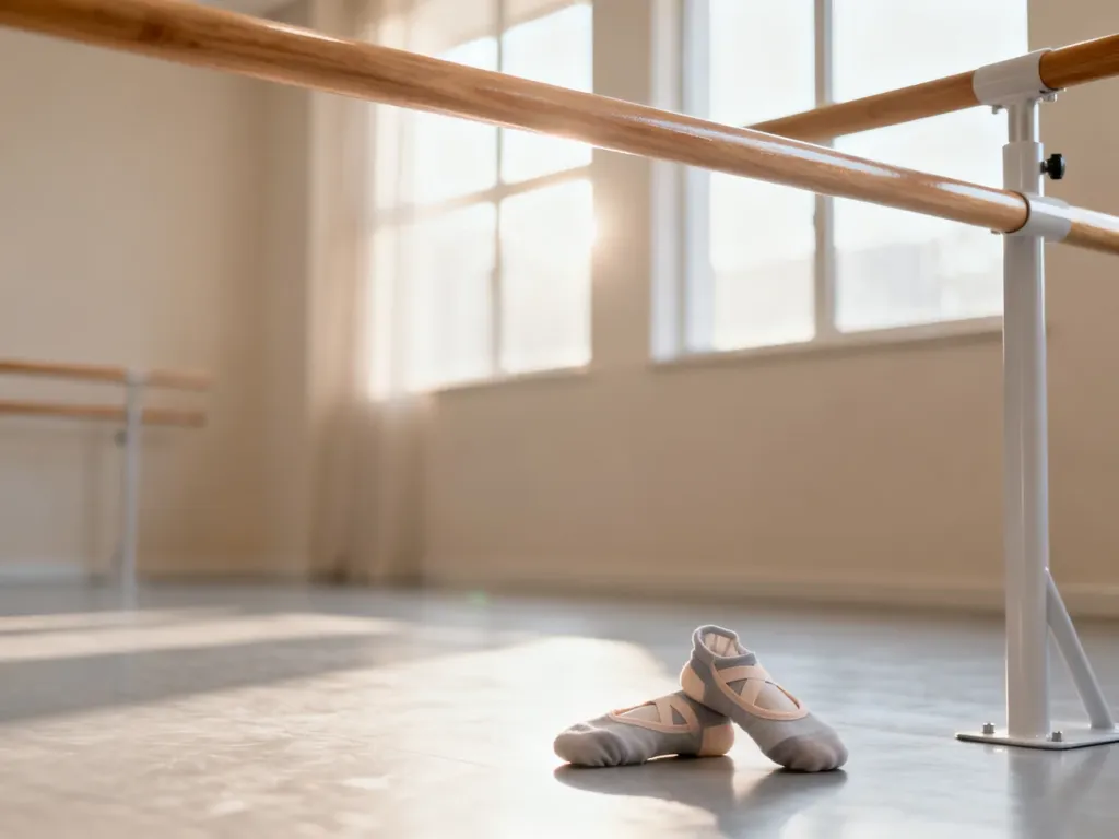 Minimalistyczne studio do treningu barre z drewnianym drążkiem i skarpetkami antypoślizgowymi w jasnym, spokojnym wnętrzu.