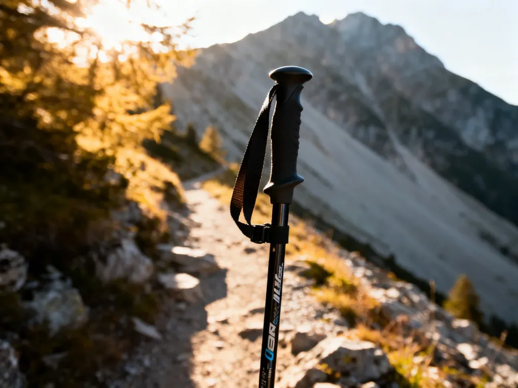 Kije do nordic walking na górskim szlaku w promieniach porannego słońca, gotowe do podejścia pod górę.