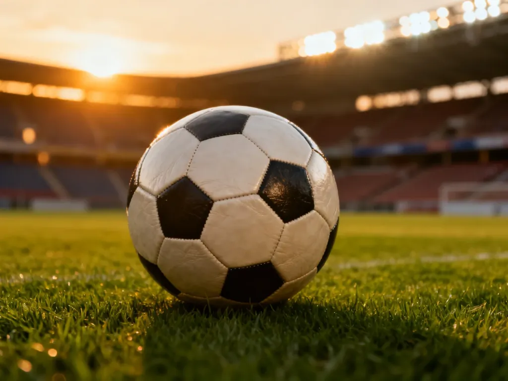 Skórzana piłka nożna na idealnie przystrzyżonej murawie stadionu w świetle zachodzącego słońca.