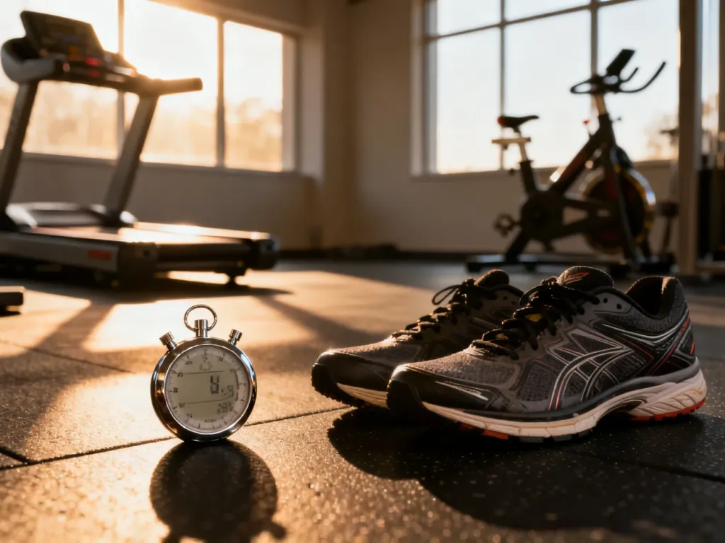 Stoper i buty do biegania na podłodze siłowni w otoczeniu sprzętu cardio, symbolizujące wybór między różnymi metodami treningu.