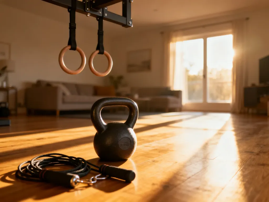 Zestaw podstawowego sprzętu do treningu funkcjonalnego w domu: kettlebell, skakanka i kółka gimnastyczne.