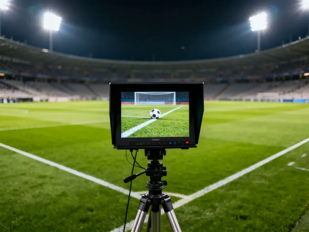 Monitor VAR ustawiony na murawie stadionu, wyświetlający powtórkę sytuacji bramkowej podczas meczu piłkarskiego.