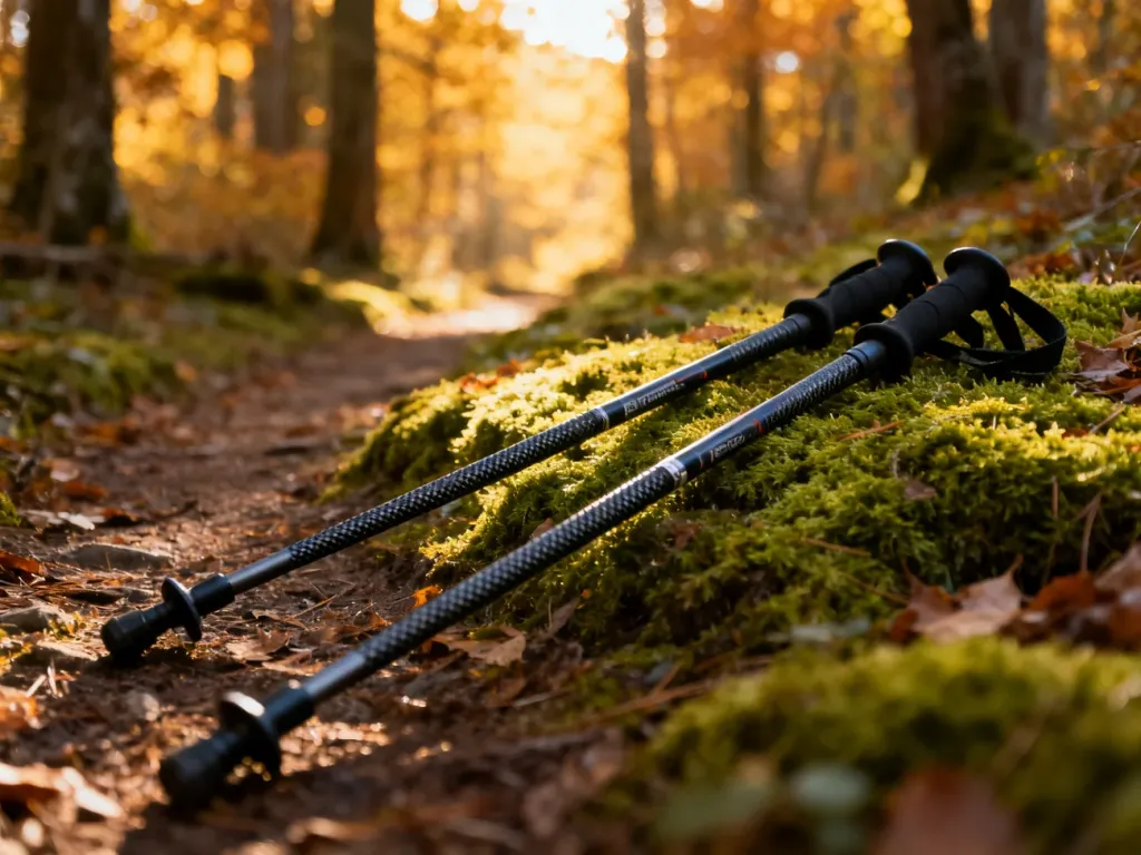 Kije do nordic walking leżące na mszystej leśnej ścieżce w otoczeniu jesiennego lasu w promieniach porannego słońca.