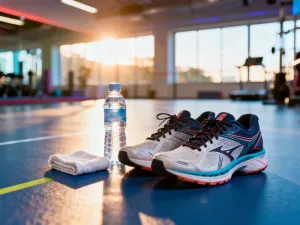 Stoper i buty do biegania na podłodze siłowni w otoczeniu sprzętu cardio, symbolizujące wybór między różnymi metodami treningu.