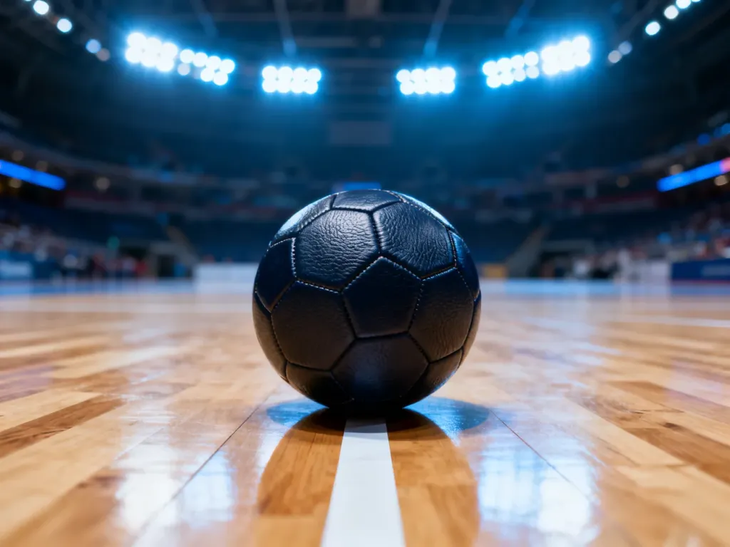 Skórzana piłka do piłki ręcznej leżąca na środkowej linii boiska w hali sportowej.