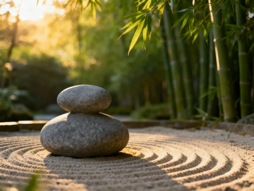 Spokojny ogród zen z kamienną rzeźbą i bambusowym lasem, wprowadzający w nastrój harmonii i relaksu charakterystyczny dla tai chi.