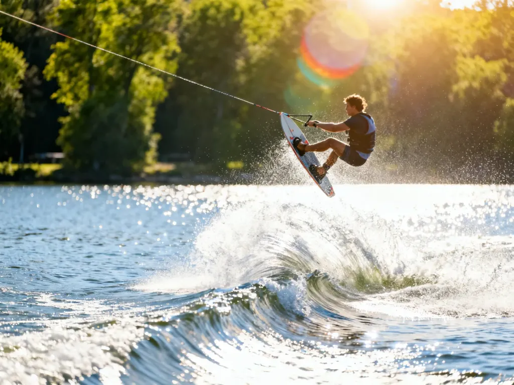 Wakeboardzista wykonujący wysoki skok nad taflą jeziora w słoneczny, letni dzień. Dynamiczne ujęcie akcji na wodzie.