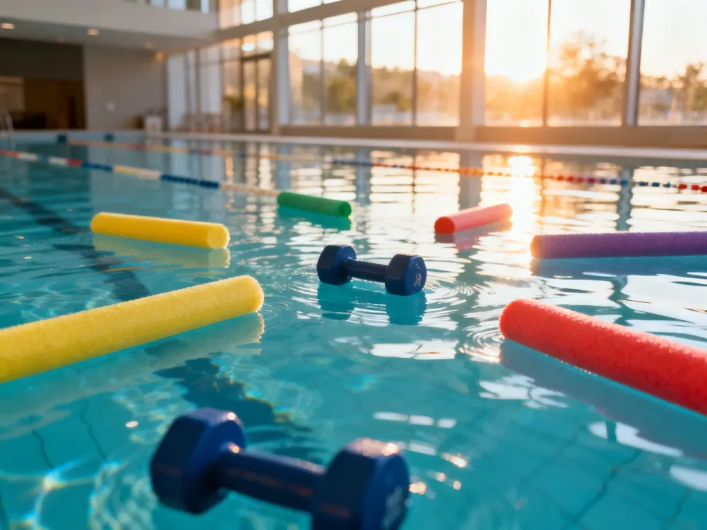 Kolorowe piankowe makarony i hantle do aqua aerobiku unoszące się na tafli wody w nowoczesnym basenie.