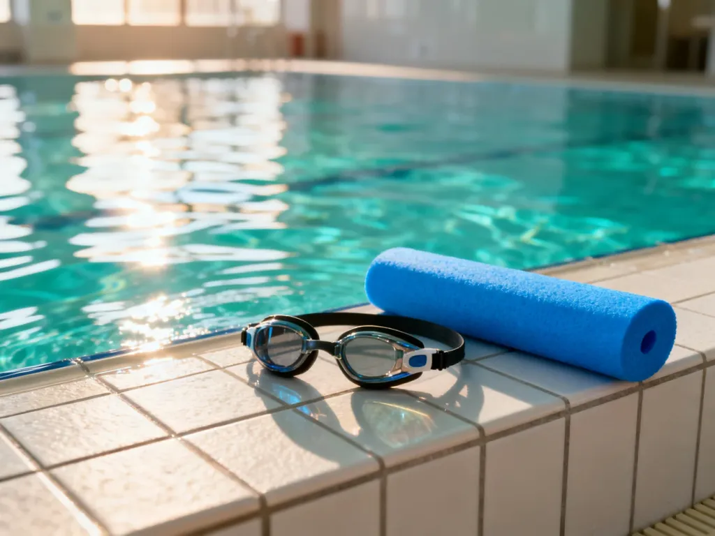 Okulary pływackie i makaron do aqua aerobiku na brzegu basenu, symbolizujące wybór między różnymi formami aktywności w wodzie.