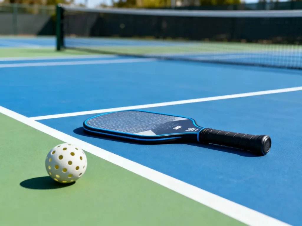 Profesjonalna rakietka i piłka do pickleballa leżące na korcie, gotowe do rozpoczęcia gry.