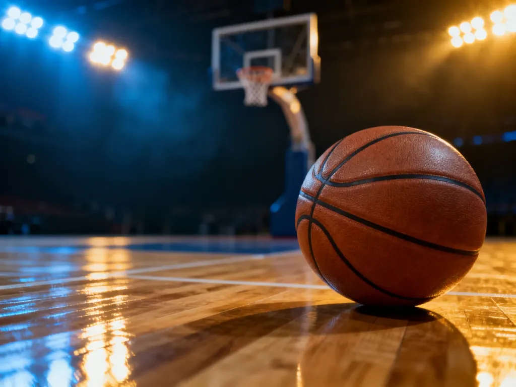 Skórzana piłka do koszykówki leżąca na wypolerowanym parkiecie hali sportowej w nastrojowym oświetleniu.