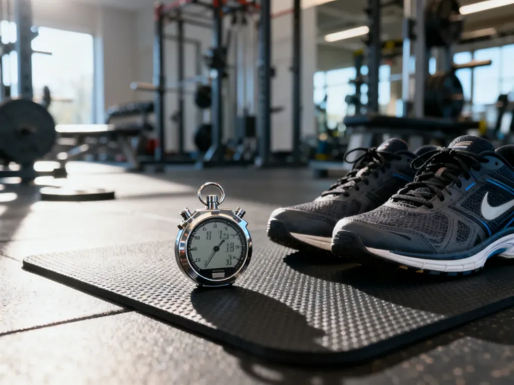 Profesjonalny stoper i buty sportowe na macie do ćwiczeń w nowoczesnej siłowni, gotowe do treningu HIIT.