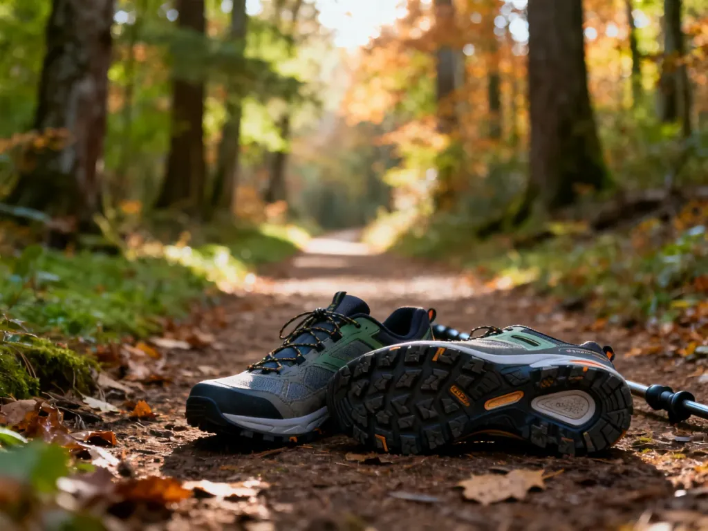Specjalistyczne buty do nordic walking z wytrzymałą podeszwą na leśnej ścieżce w jesiennej scenerii.