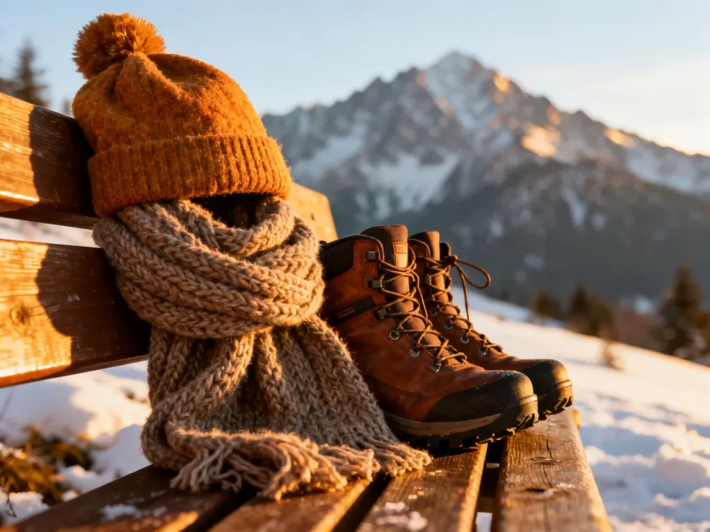 Zimowy zestaw odzieży trekkingowej, w tym czapka, szalik i buty, na tle ośnieżonych szczytów Tatr.