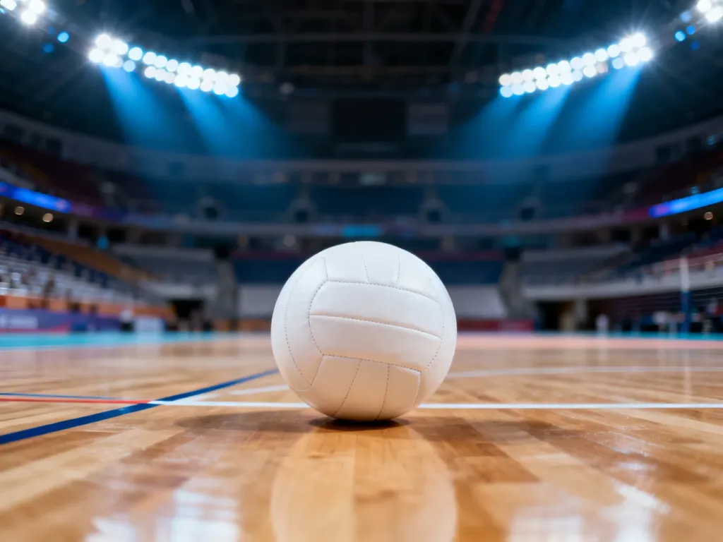 Piłka do siatkówki leżąca na parkiecie hali sportowej w oczekiwaniu na mecz.
