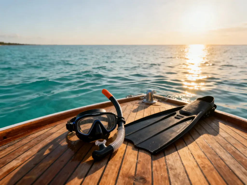 Profesjonalny sprzęt do freedivingu ułożony na pokładzie łodzi z widokiem na spokojny, turkusowy ocean.