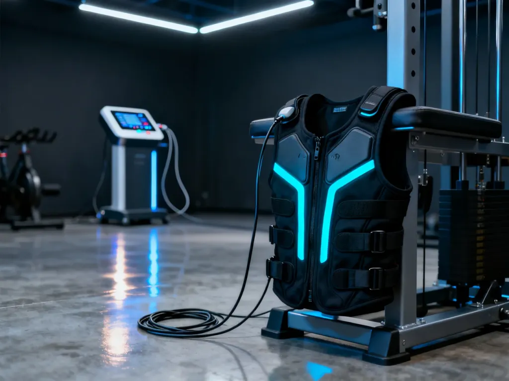 Nowoczesny kombinezon do treningu EMS na stojaku w profesjonalnym studiu fitness z oświetleniem LED.