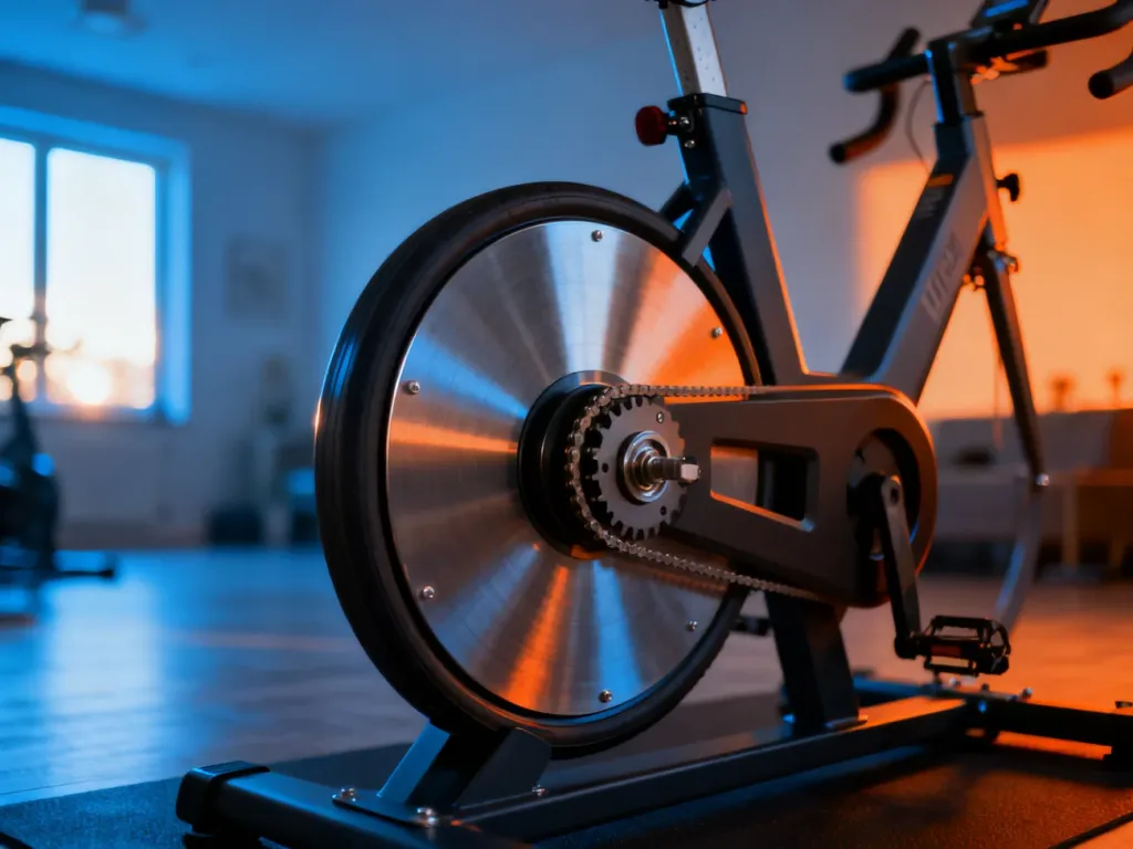 Mechanizm koła zamachowego i hamulca magnetycznego w nowoczesnym rowerze stacjonarnym w domowej siłowni.