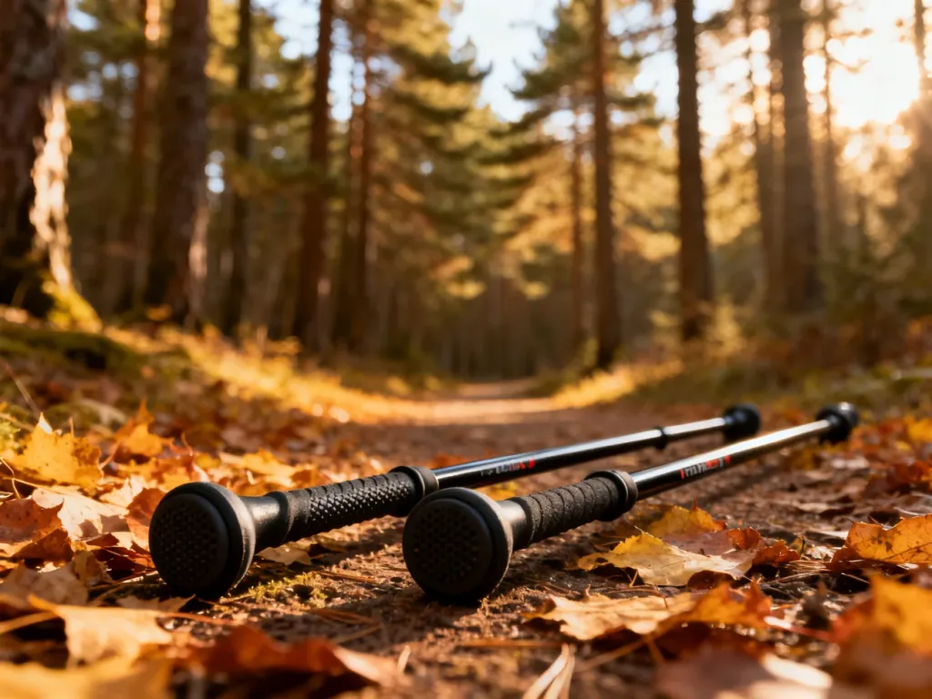 Wysokiej jakości kijki do nordic walking leżące na leśnej ścieżce pośród jesiennych liści w promieniach słońca.