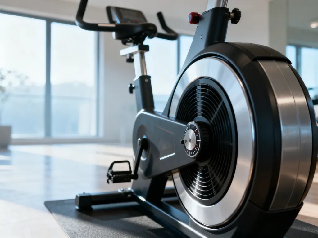 Nowoczesny rower treningowy magnetyczny z widocznym pokrętłem regulacji oporu w minimalistycznej domowej siłowni.