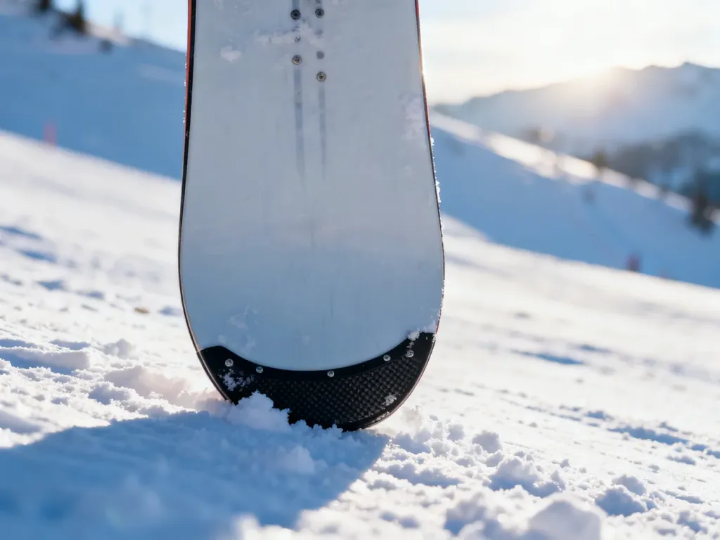 Wysokiej jakości snowboard wbity w świeży, puszysty śnieg na tle górskiego stoku w porannym świetle.